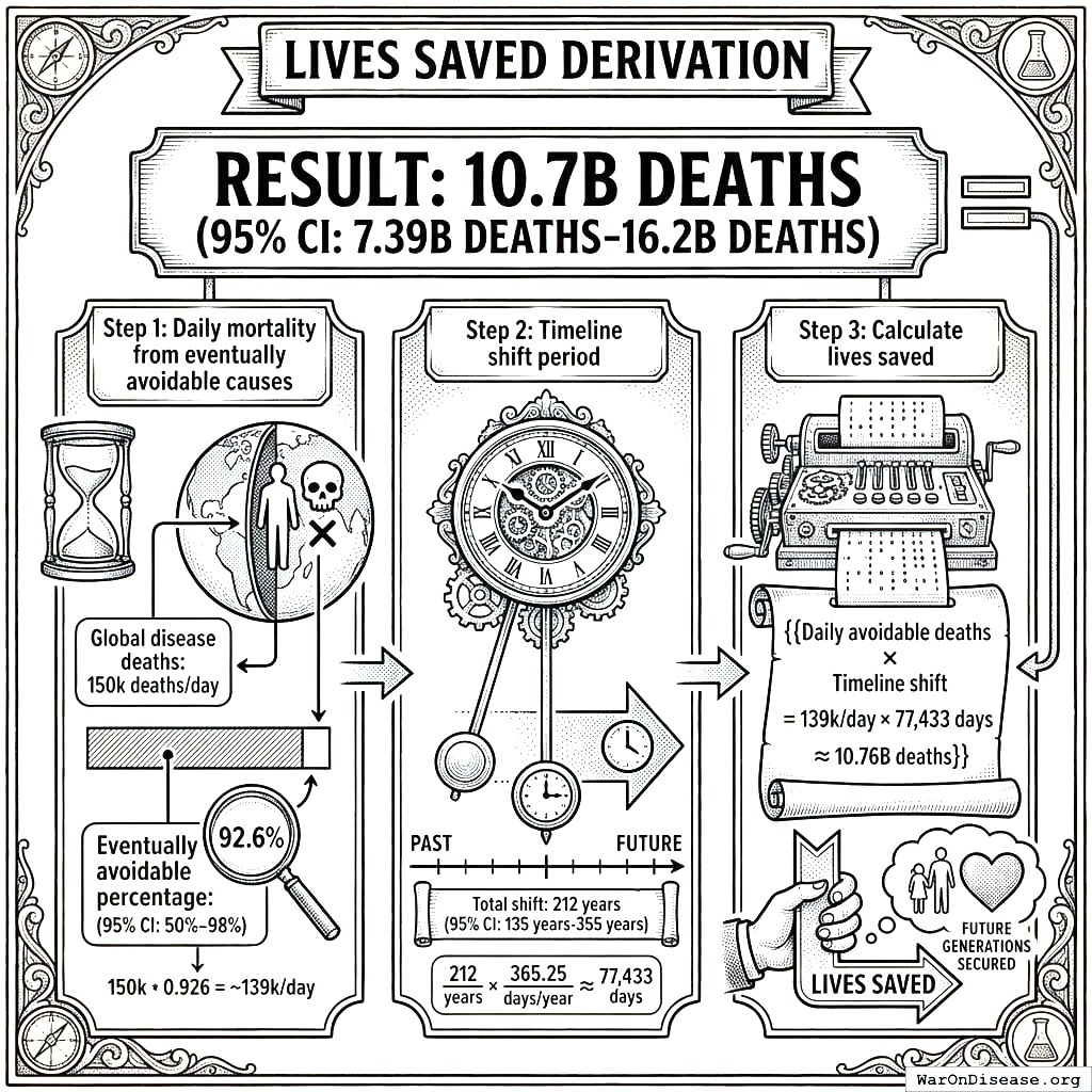 When you cure diseases 212 years early, you save everyone who would have died in those 212 years. It adds up.